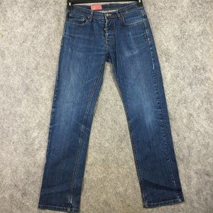 Zara Jeans Mens 32 Straight Leg Button Fly Medium Wash Distressed Stretch Blue